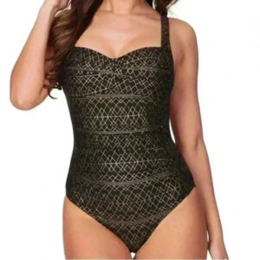 Nip Tuck Women’s Louise Deco Foil One Piece Swimsuit US 8 Black Gold